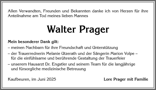 Traueranzeige von Walter Prager von Allgäuer Zeitung, Kaufbeuren/Buchloe