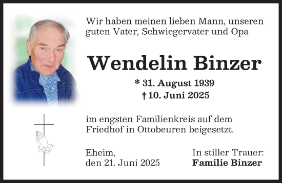 Traueranzeige von Wendelin Binzer von Memminger Zeitung