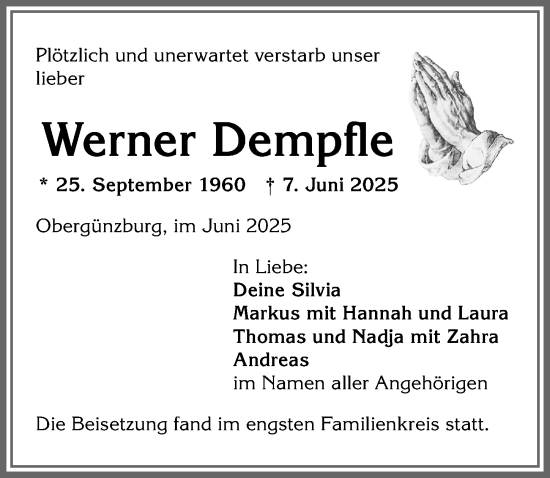 Traueranzeige von Werner Dempfle von Allgäuer Zeitung, Marktoberdorf