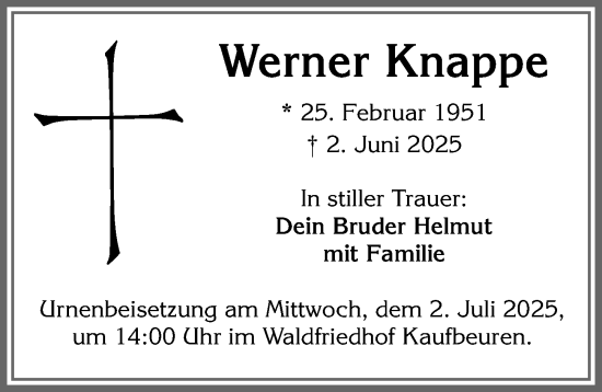 Traueranzeige von Werner Knappe von Allgäuer Zeitung, Kaufbeuren/Buchloe