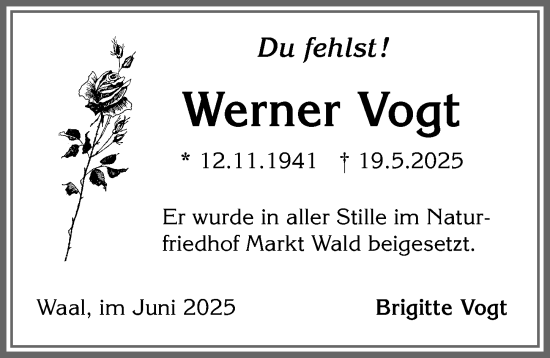 Traueranzeige von Werner Vogt von Allgäuer Zeitung, Kaufbeuren/Buchloe