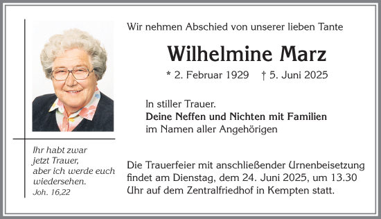 Traueranzeige von Wilhelmine Marz von Allgäuer Zeitung,Kempten