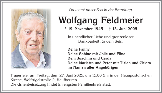 Traueranzeige von Wolfgang Feldmeier von Allgäuer Zeitung, Kaufbeuren/Buchloe