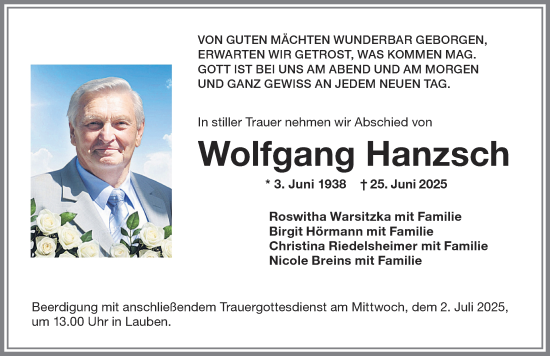 Traueranzeige von Wolfgang Hanzsch von Augsburger Allgemeine, Illertisser Zeitung