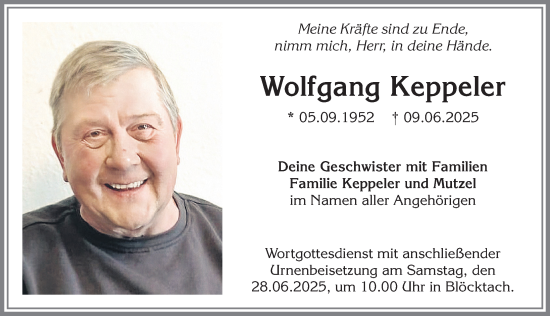 Traueranzeige von Wolfgang Keppeler von Allgäuer Zeitung, Kaufbeuren/Buchloe