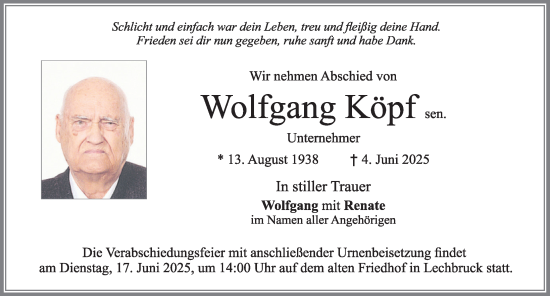 Traueranzeige von Wolfgang Köpf von Allgäuer Zeitung, Füssen