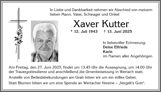 Traueranzeige von Xaver Kutter von Allgäuer Anzeigeblatt