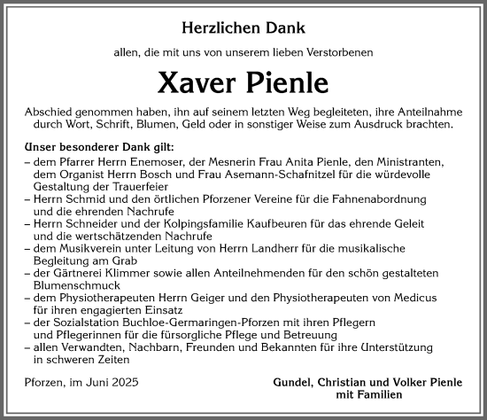 Traueranzeige von Xaver Pienle von Allgäuer Zeitung, Kaufbeuren/Buchloe