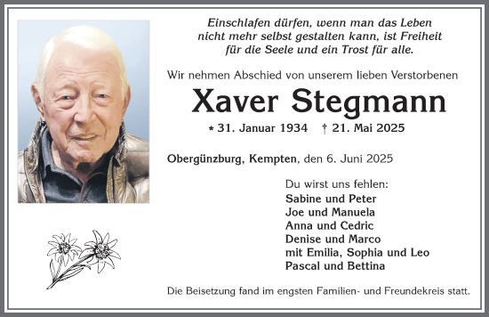Traueranzeige von Xaver Stegmann von Allgäuer Zeitung, Marktoberdorf