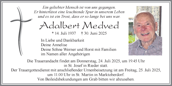 Traueranzeige von Adalbert Medved von Allgäuer Zeitung, Marktoberdorf