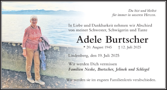 Traueranzeige von Adele Burtscher von Der Westallgäuer