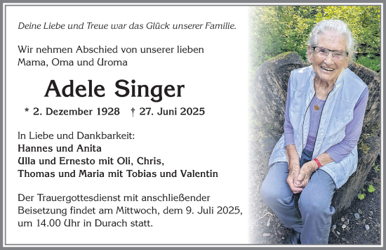 Traueranzeige von Adele Singer von Allgäuer Zeitung,Kempten