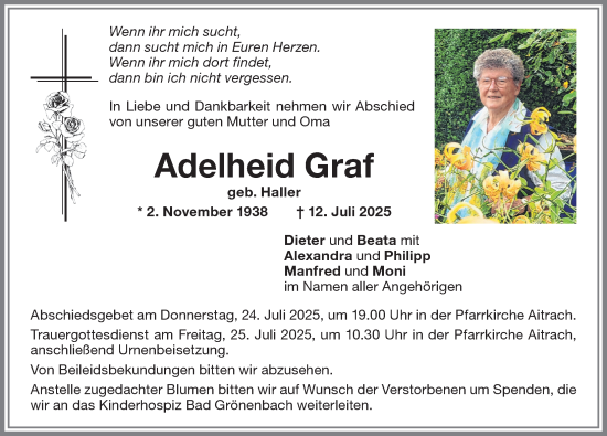 Traueranzeige von Adelheid Graf von Memminger Zeitung