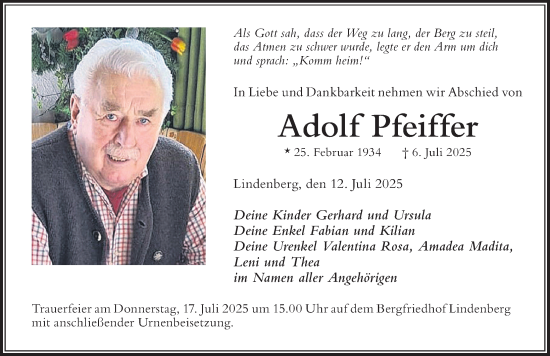 Traueranzeige von Adolf Pfeiffer von Der Westallgäuer