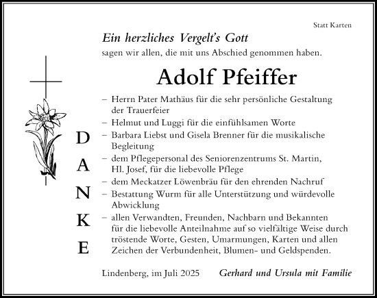 Traueranzeige von Adolf Pfeiffer von Der Westallgäuer