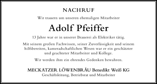 Traueranzeige von Adolf Pfeiffer von Der Westallgäuer