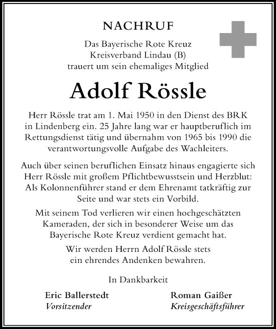 Traueranzeige von Adolf Rössle von Der Westallgäuer