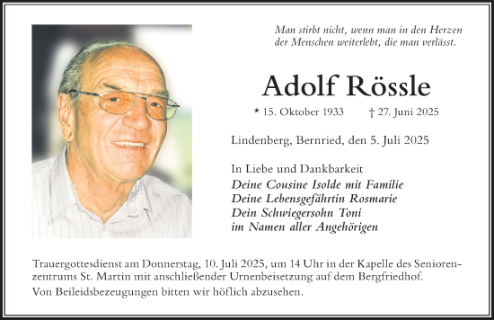 Traueranzeige von Adolf Rössle von Der Westallgäuer