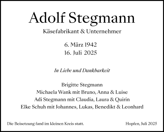 Traueranzeige von Adolf Stegmann von Allgäuer Zeitung, Gesamtausgabe