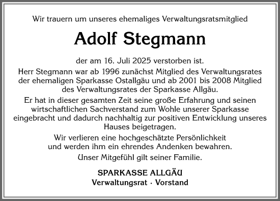Traueranzeige von Adolf Stegmann von Allgäuer Zeitung, Marktoberdorf