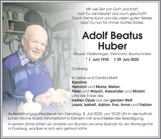 Traueranzeige von Adolf Beatus Huber von Memminger Zeitung