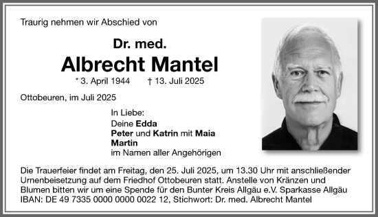 Traueranzeige von Albrecht Mantel von Memminger Zeitung