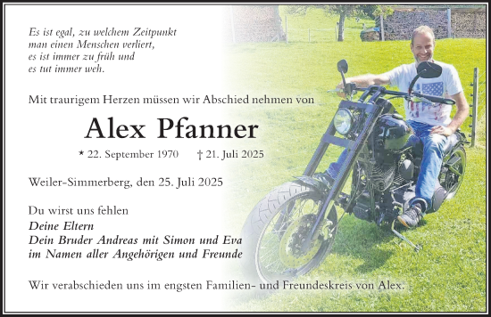 Traueranzeige von Alex Pfanner von Der Westallgäuer