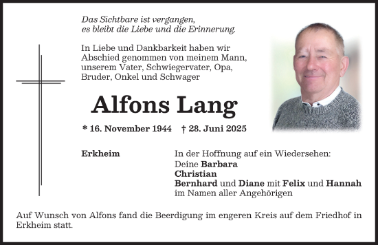 Traueranzeige von Alfons Lang von Memminger Zeitung