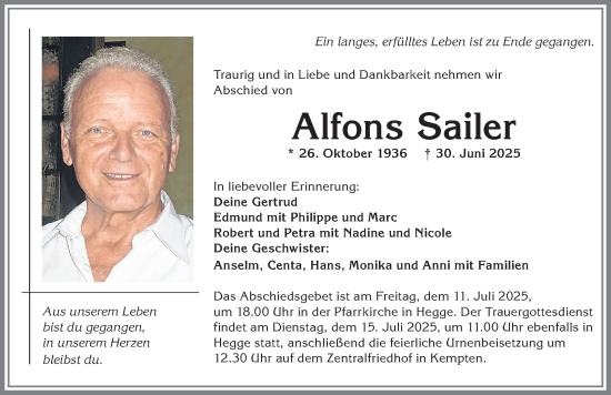 Traueranzeige von Alfons Sailer von Allgäuer Zeitung,Kempten