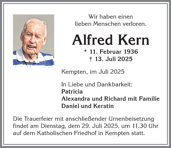 Traueranzeige von Alfred Kern von Allgäuer Zeitung,Kempten