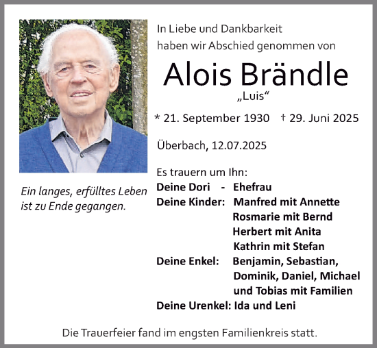 Traueranzeige von Alois Brändle von Allgäuer Zeitung,Kempten