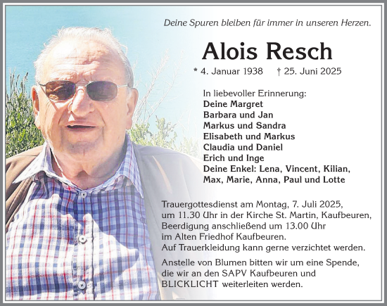 Traueranzeige von Alois Resch von Allgäuer Zeitung, Kaufbeuren/Buchloe