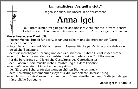 Traueranzeige von Anna Igel von Allgäuer Zeitung, Kaufbeuren/Buchloe