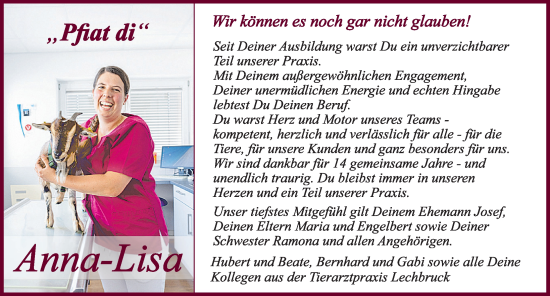 Traueranzeige von Anna-Lisa  von Allgäuer Zeitung, Füssen