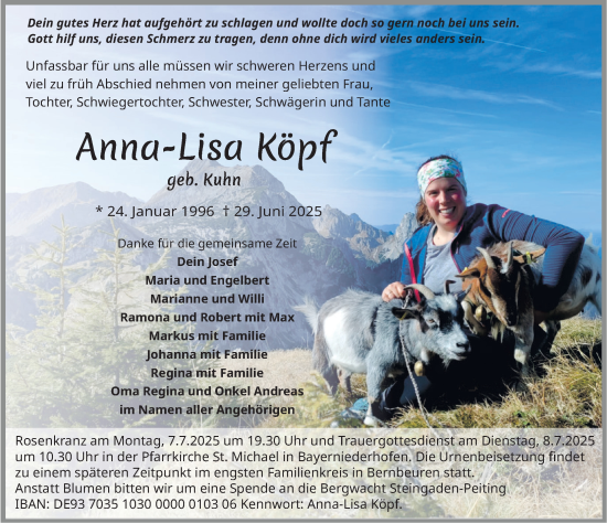 Traueranzeige von Anna-Lisa Köpf von Allgäuer Zeitung, Füssen