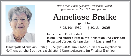 Traueranzeige von Anneliese Bratke von Allgäuer Zeitung, Kaufbeuren/Buchloe