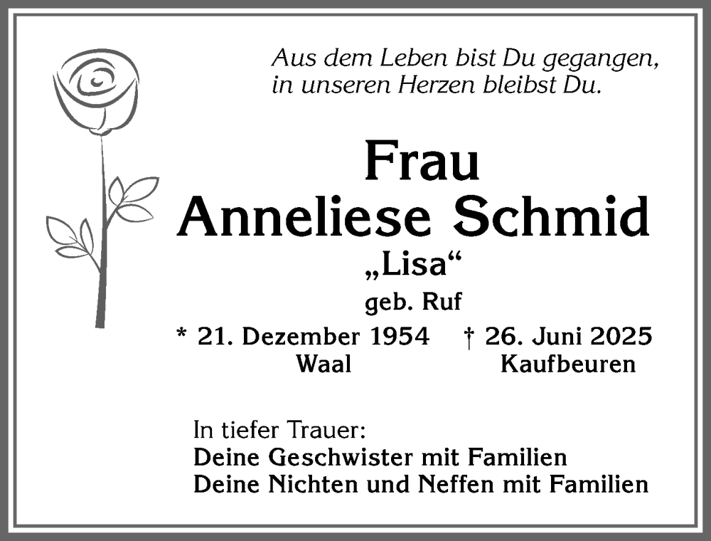  Traueranzeige für Anneliese Schmid vom 19.07.2025 aus Allgäuer Zeitung, Kaufbeuren/Buchloe