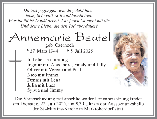 Traueranzeige von Annemarie Beutel von Allgäuer Zeitung, Marktoberdorf