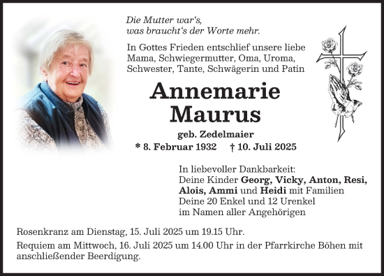 Traueranzeige von Annemarie Maurus von Memminger Zeitung
