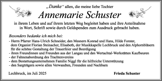 Traueranzeige von Annemarie Schuster von Allgäuer Zeitung, Füssen