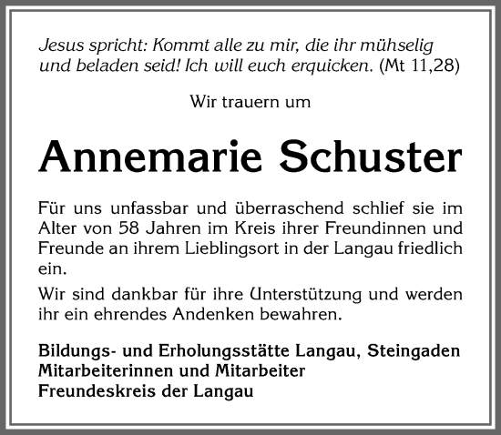 Traueranzeige von Annemarie Schuster von Allgäuer Zeitung, Füssen