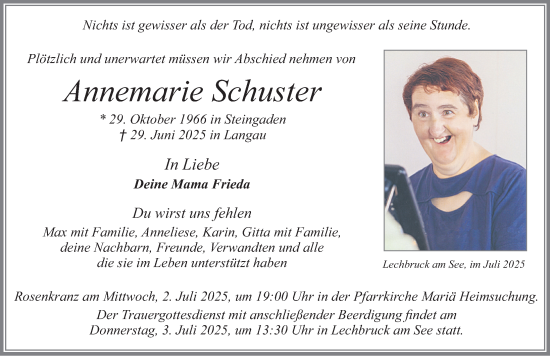 Traueranzeige von Annemarie Schuster von Allgäuer Zeitung, Füssen