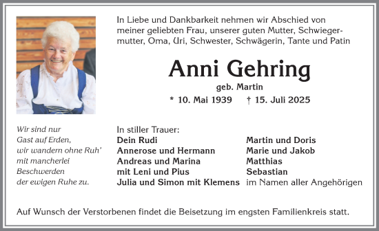 Traueranzeige von Anni Gehring von Allgäuer Anzeigeblatt