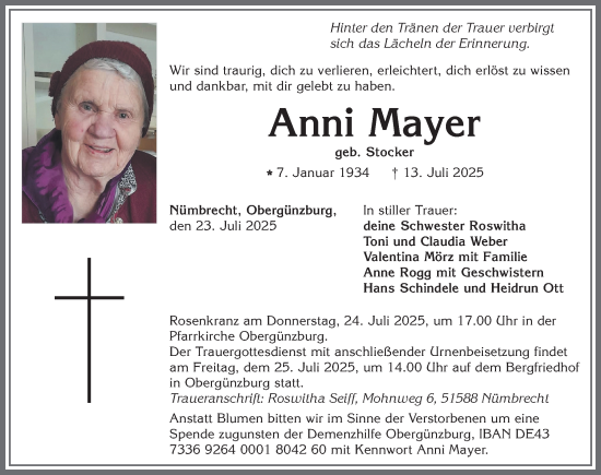 Traueranzeige von Anni Mayer von Allgäuer Zeitung, Marktoberdorf