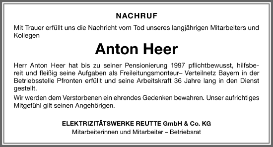 Traueranzeige von Anton Heer von Allgäuer Zeitung, Füssen