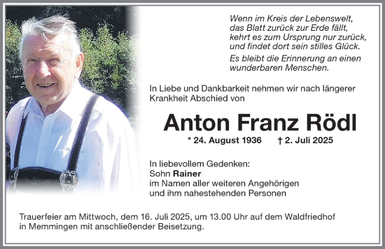 Traueranzeige von Anton Franz Rödl von Memminger Zeitung