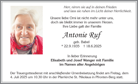 Traueranzeige von Antonie Ruf von Allgäuer Zeitung, Füssen