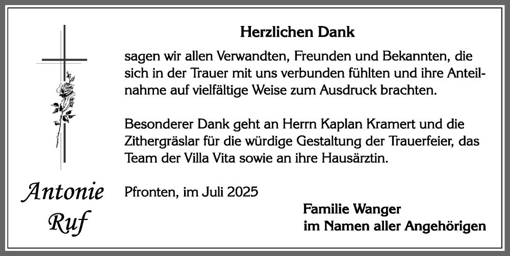  Traueranzeige für Antonie Ruf vom 11.07.2025 aus Allgäuer Zeitung, Füssen