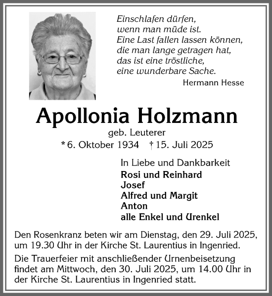 Traueranzeige von Apollonia Holzmann von Allgäuer Zeitung, Kaufbeuren/Buchloe