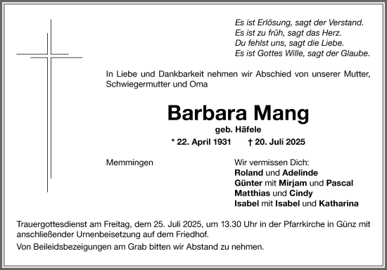 Traueranzeige von Barbara Mang von Memminger Zeitung